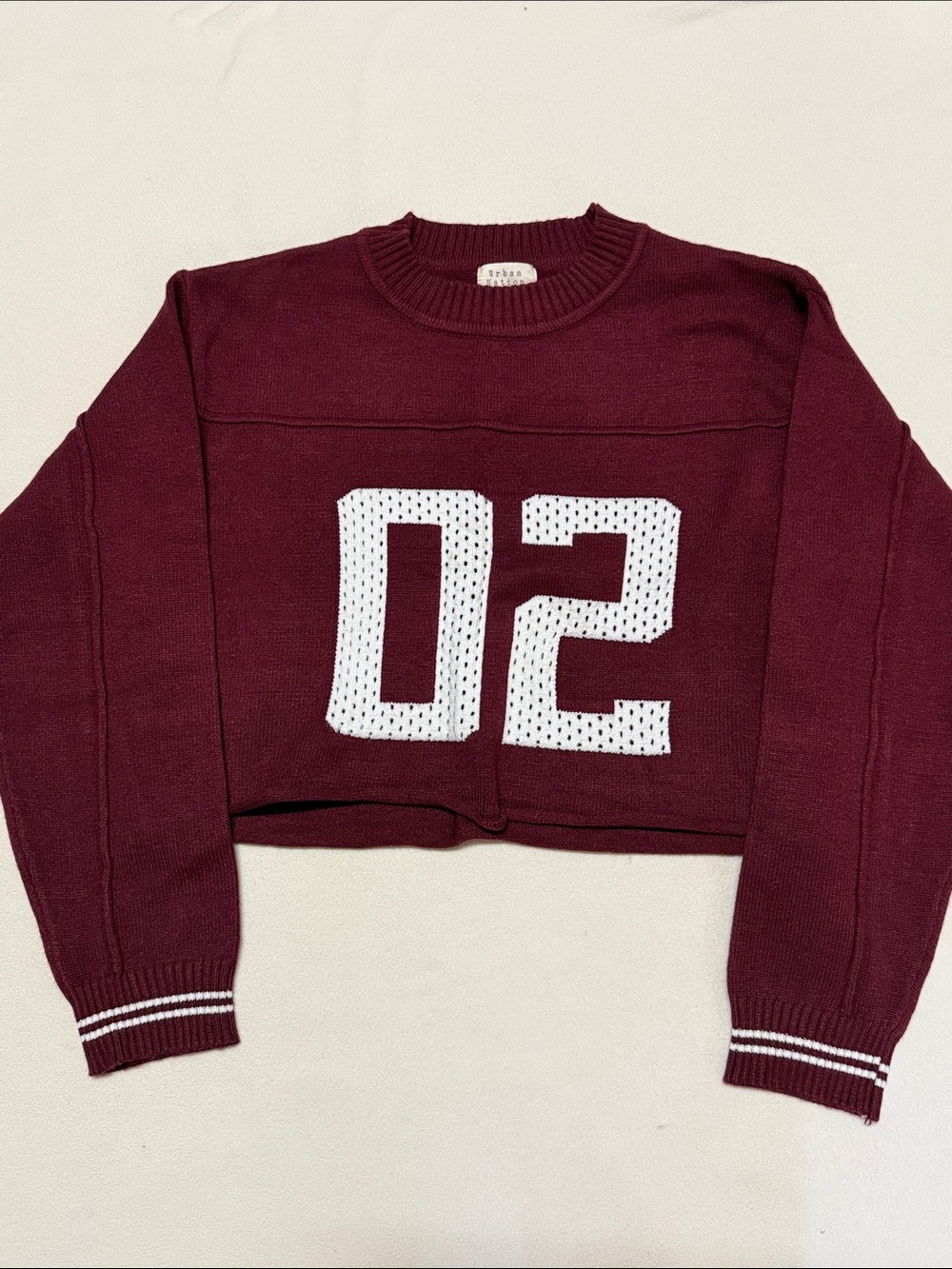 Urban Nation Maroon Cropped Knit Sweater with White '02' Graphic